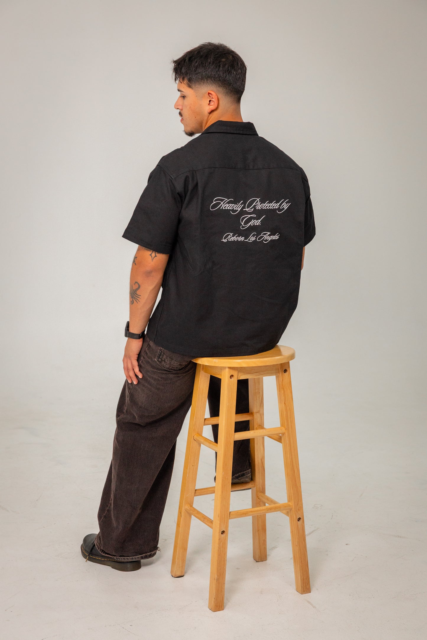 Heavily Protected by God Button Up  -Black