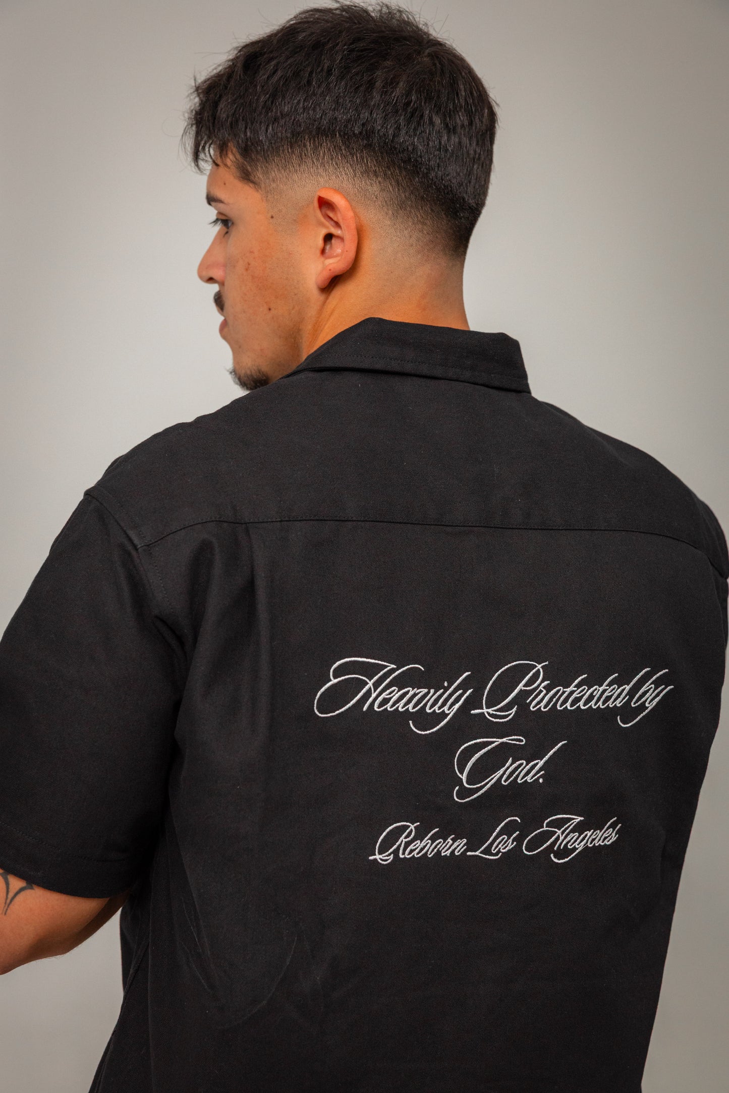 Heavily Protected by God Button Up  -Black